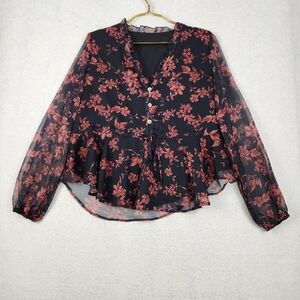 Cupshe Floral V-Neck Womens Size Medium Black/Red Puff Sleeve Baby Doll Top